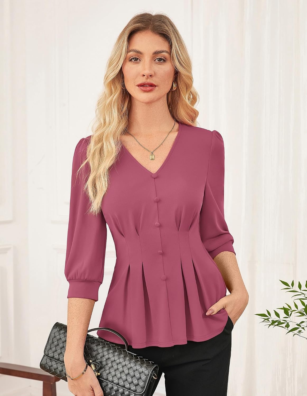 image:imageGRACE KARIN Women Business Casual Tops 2026 Summer Trendy Dressy Blouses 34 Sleeve Peplum Work Shirts V Neck Office OutfitFuchsia