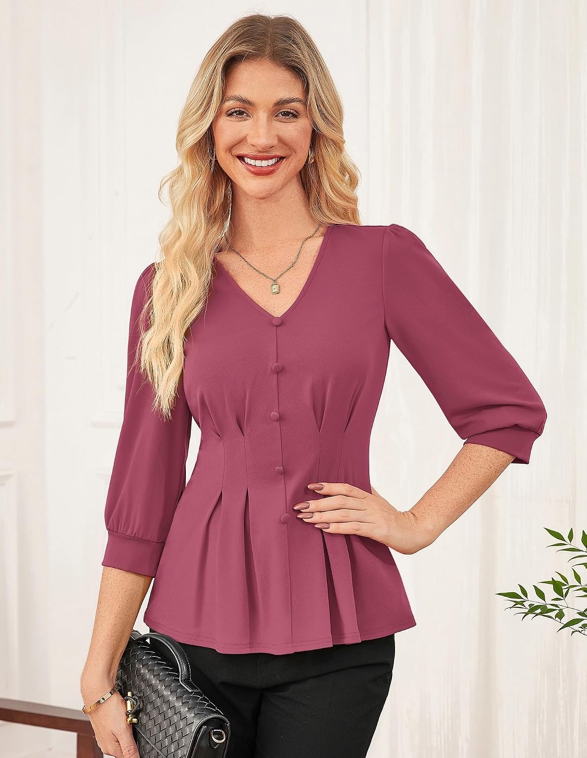 image:imageGRACE KARIN Women Business Casual Tops 2026 Summer Trendy Dressy Blouses 34 Sleeve Peplum Work Shirts V Neck Office OutfitFuchsia