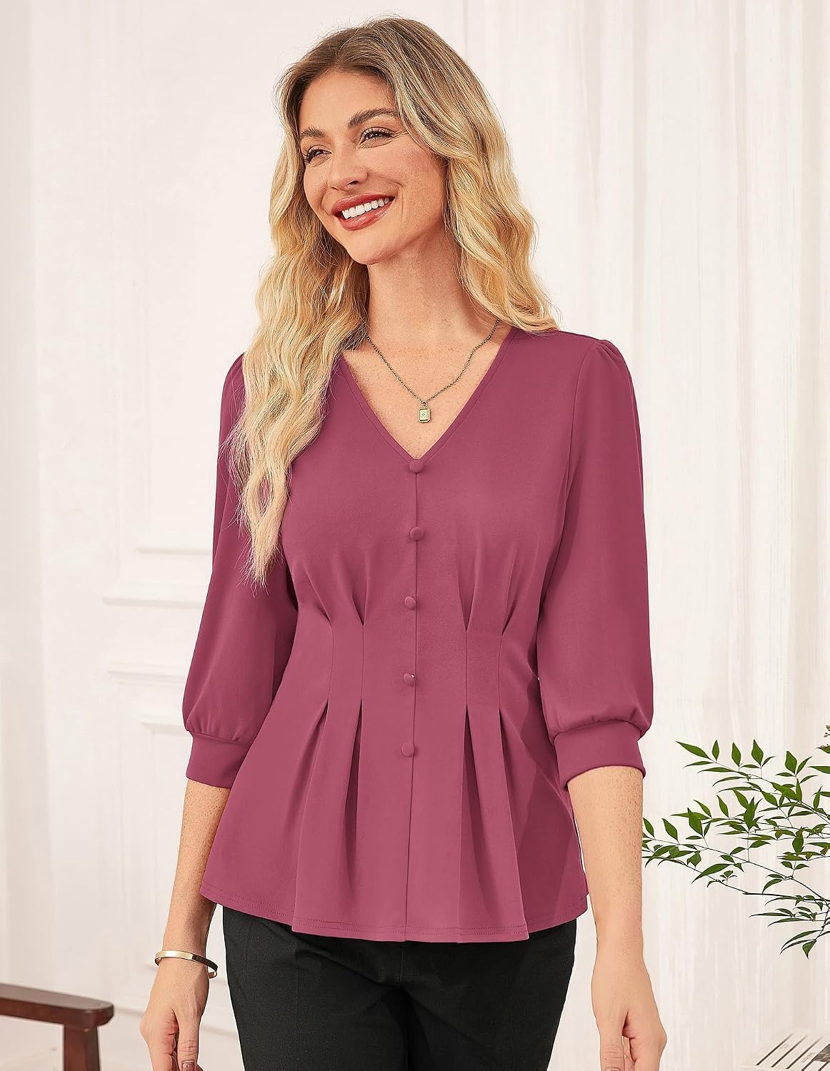 image:imageGRACE KARIN Women Business Casual Tops 2026 Summer Trendy Dressy Blouses 34 Sleeve Peplum Work Shirts V Neck Office OutfitFuchsia