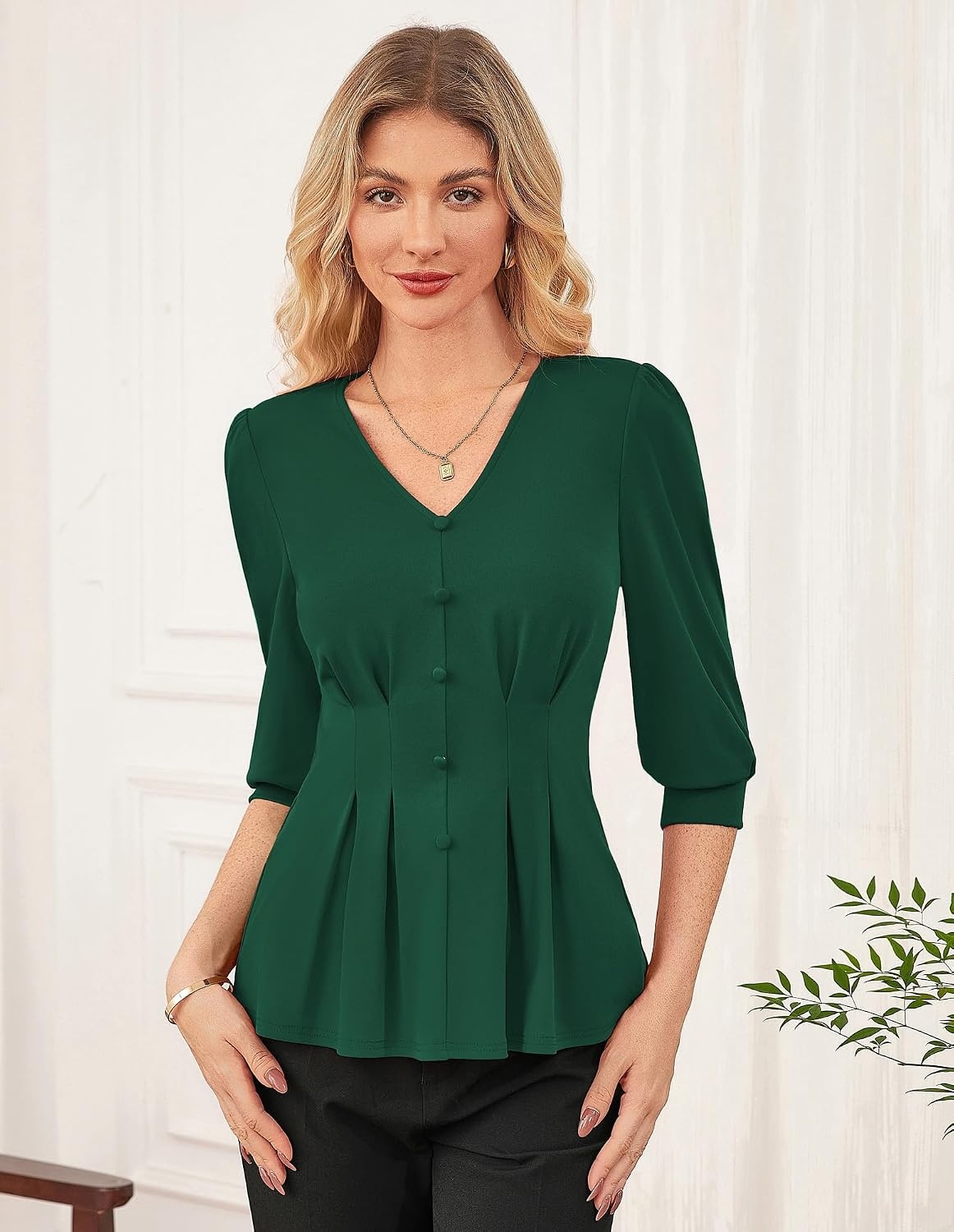 image:imageGRACE KARIN Women Business Casual Tops 2026 Summer Trendy Dressy Blouses 34 Sleeve Peplum Work Shirts V Neck Office OutfitGreen