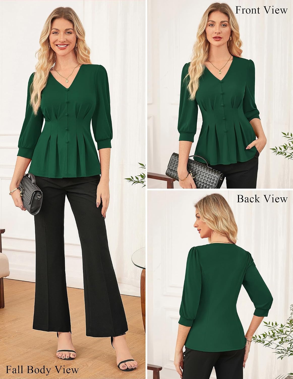 image:imageGRACE KARIN Women Business Casual Tops 2026 Summer Trendy Dressy Blouses 34 Sleeve Peplum Work Shirts V Neck Office OutfitGreen