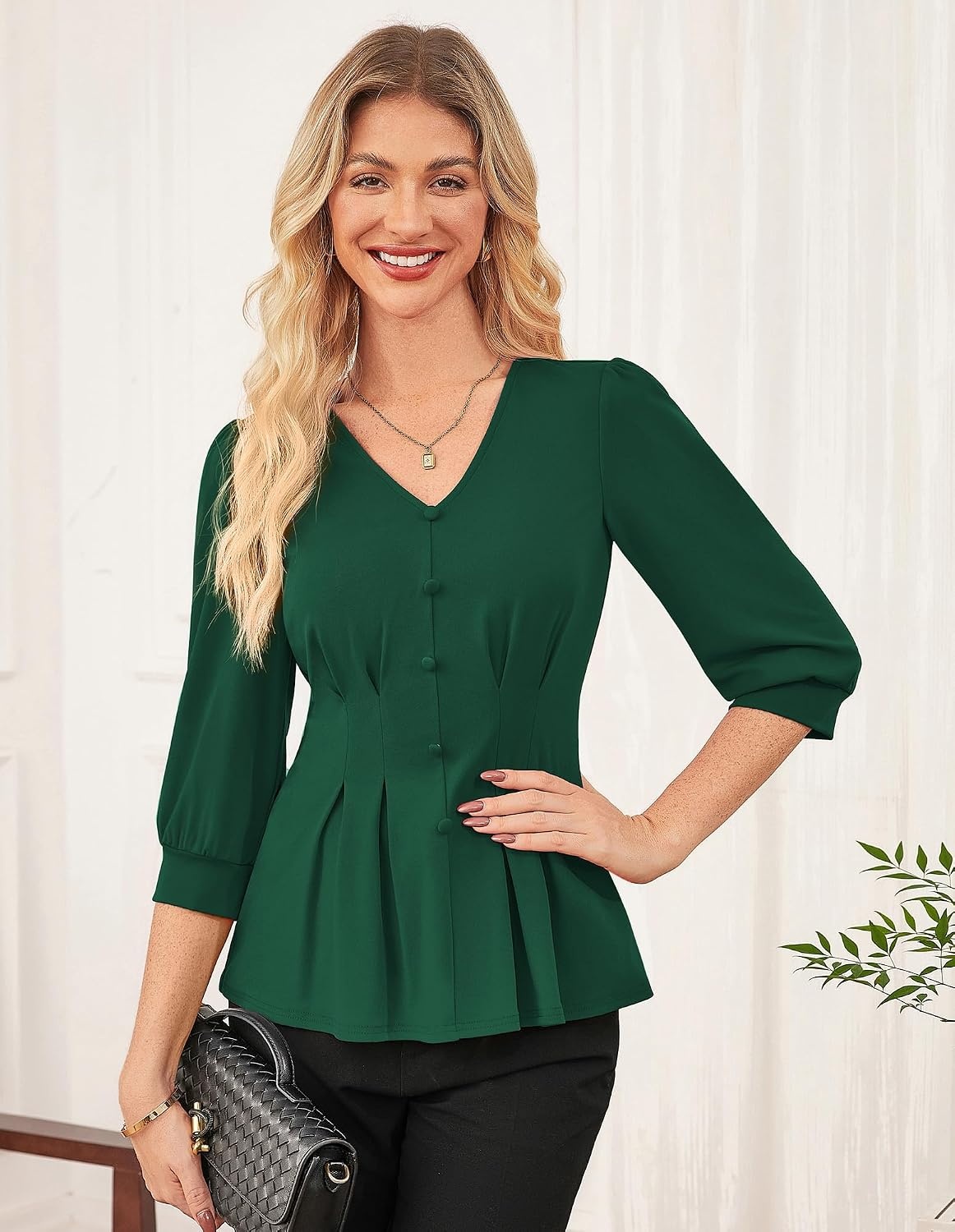 image:imageGRACE KARIN Women Business Casual Tops 2026 Summer Trendy Dressy Blouses 34 Sleeve Peplum Work Shirts V Neck Office OutfitGreen