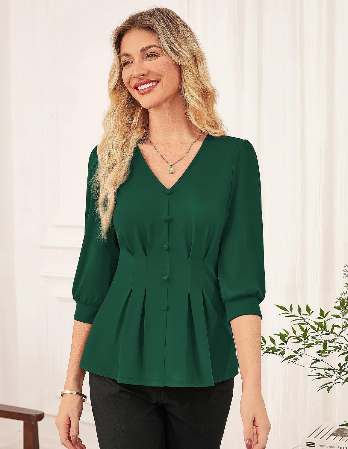 image:imageGRACE KARIN Women Business Casual Tops 2026 Summer Trendy Dressy Blouses 34 Sleeve Peplum Work Shirts V Neck Office OutfitGreen