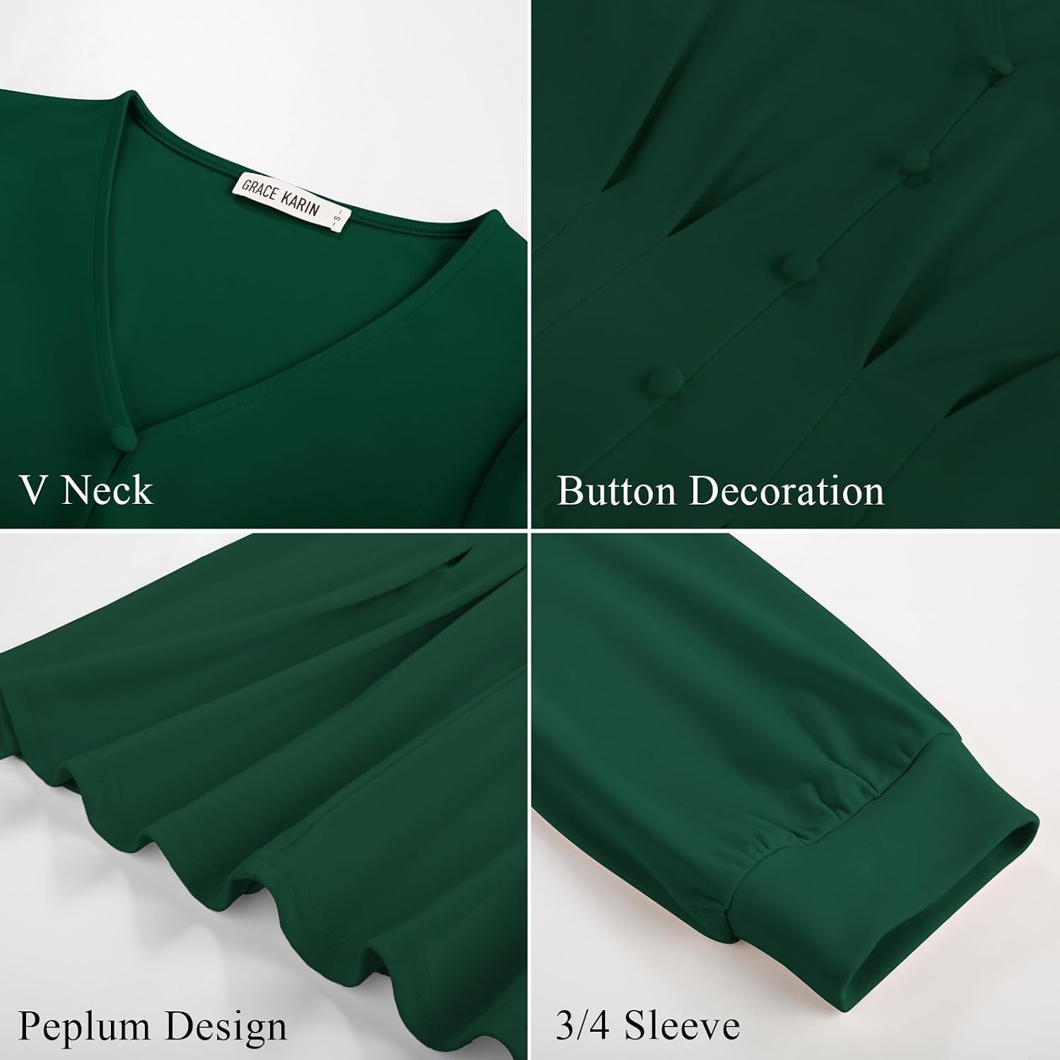 image:imageGRACE KARIN Women Business Casual Tops 2026 Summer Trendy Dressy Blouses 34 Sleeve Peplum Work Shirts V Neck Office OutfitGreen