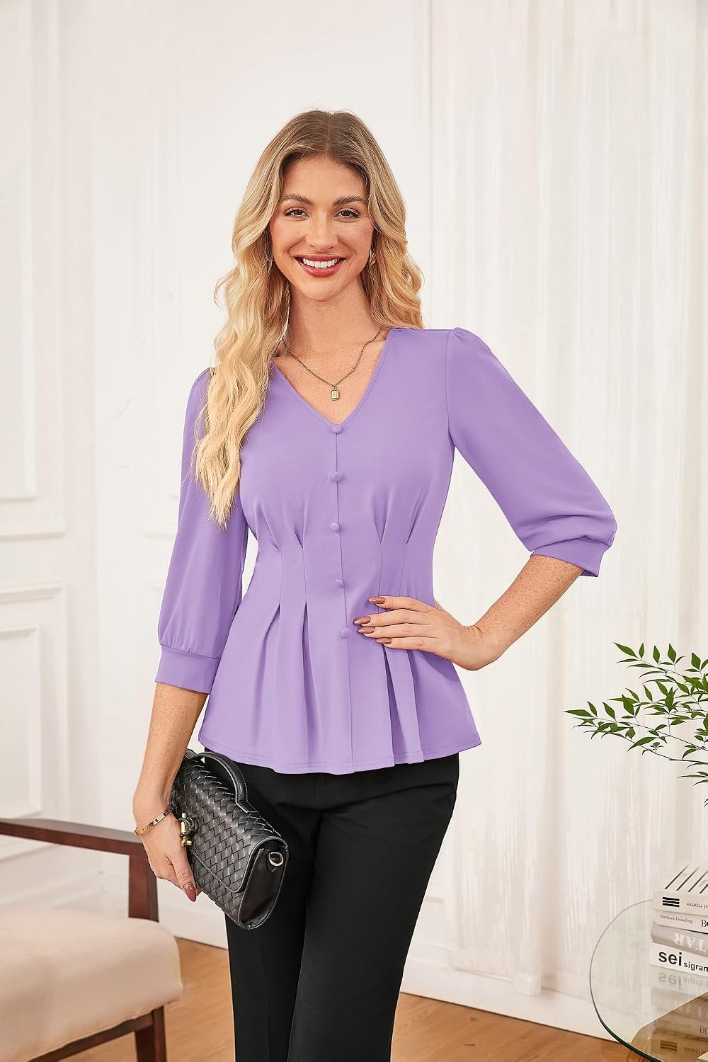 image:imageGRACE KARIN Women Business Casual Tops 2026 Summer Trendy Dressy Blouses 34 Sleeve Peplum Work Shirts V Neck Office OutfitLavender