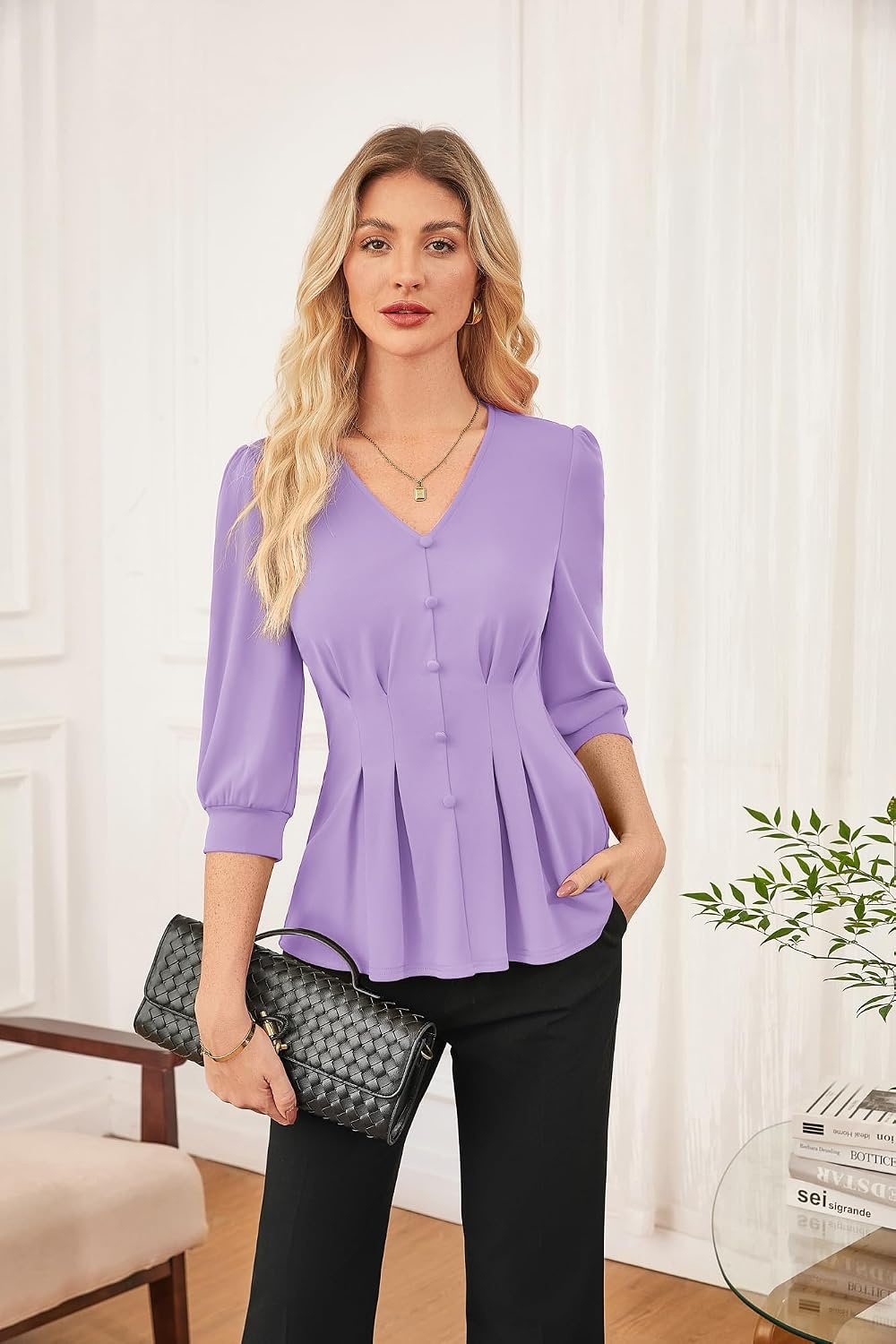 image:imageGRACE KARIN Women Business Casual Tops 2026 Summer Trendy Dressy Blouses 34 Sleeve Peplum Work Shirts V Neck Office OutfitLavender