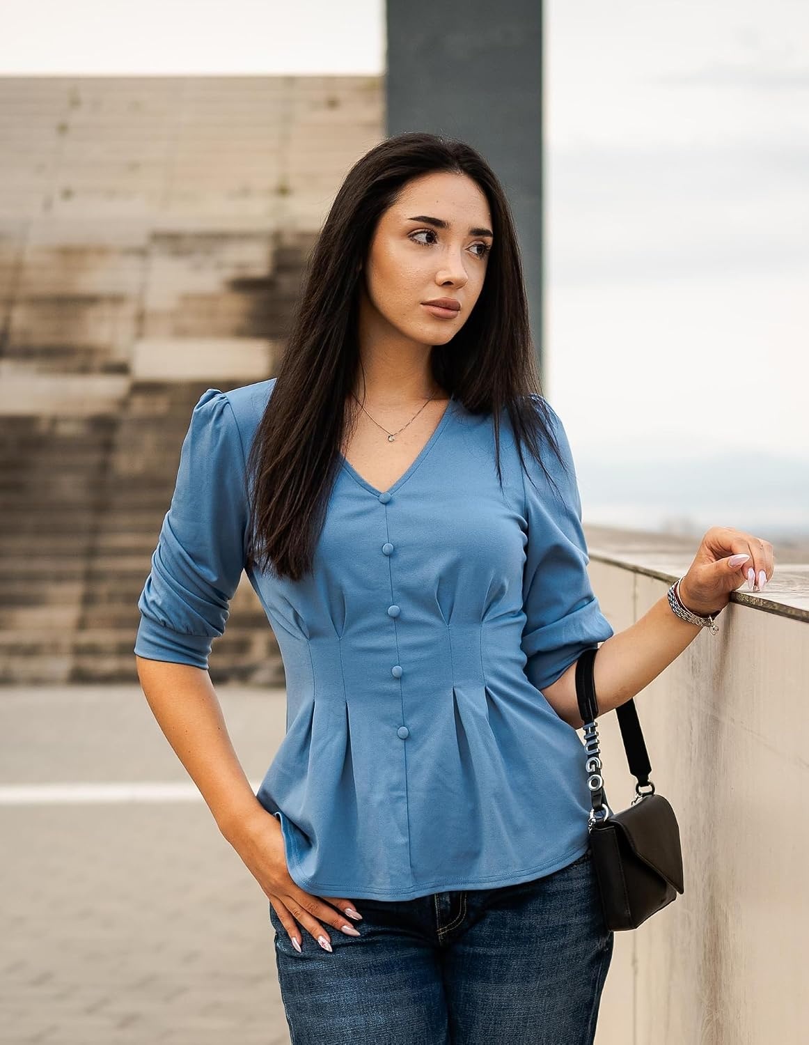 image:imageGRACE KARIN Women Business Casual Tops 2026 Summer Trendy Dressy Blouses 34 Sleeve Peplum Work Shirts V Neck Office OutfitLight Blue