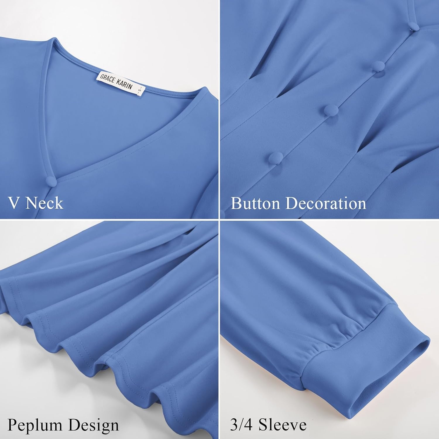 image:imageGRACE KARIN Women Business Casual Tops 2026 Summer Trendy Dressy Blouses 34 Sleeve Peplum Work Shirts V Neck Office OutfitLight Blue