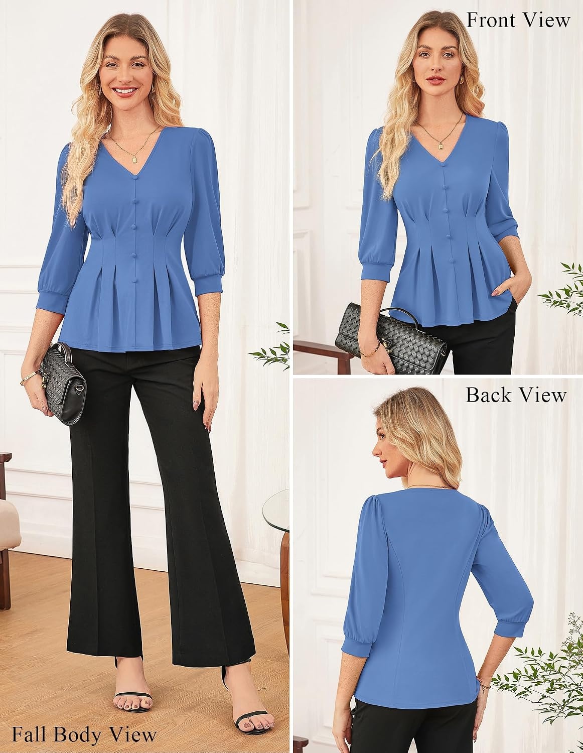 image:imageGRACE KARIN Women Business Casual Tops 2026 Summer Trendy Dressy Blouses 34 Sleeve Peplum Work Shirts V Neck Office OutfitLight Blue