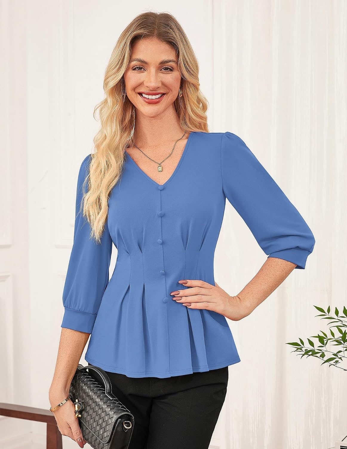image:imageGRACE KARIN Women Business Casual Tops 2026 Summer Trendy Dressy Blouses 34 Sleeve Peplum Work Shirts V Neck Office OutfitLight Blue