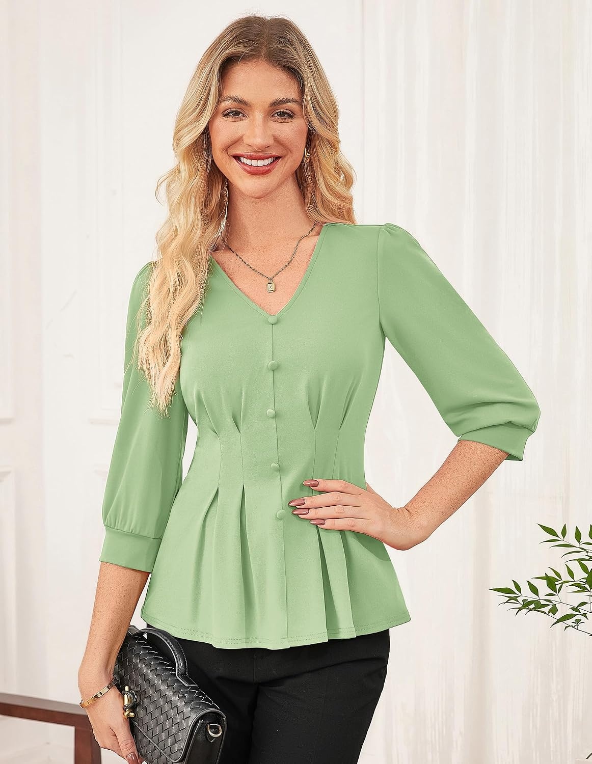 image:imageGRACE KARIN Women Business Casual Tops 2026 Summer Trendy Dressy Blouses 34 Sleeve Peplum Work Shirts V Neck Office OutfitLight Green