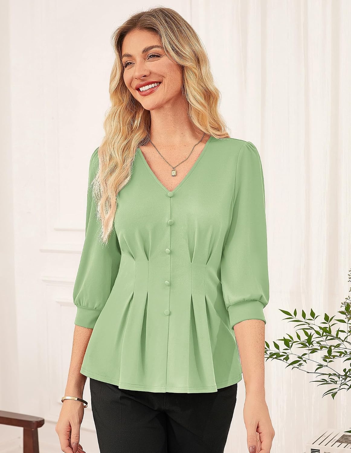 image:imageGRACE KARIN Women Business Casual Tops 2026 Summer Trendy Dressy Blouses 34 Sleeve Peplum Work Shirts V Neck Office OutfitLight Green