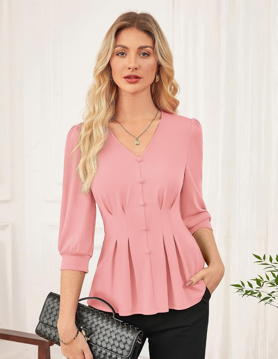image:imageGRACE KARIN Women Business Casual Tops 2026 Summer Trendy Dressy Blouses 34 Sleeve Peplum Work Shirts V Neck Office OutfitLight Pink