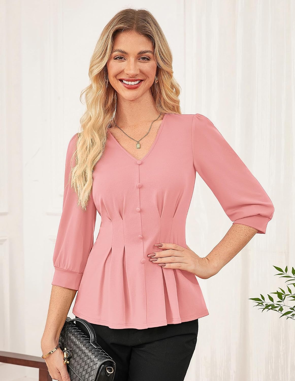 image:imageGRACE KARIN Women Business Casual Tops 2026 Summer Trendy Dressy Blouses 34 Sleeve Peplum Work Shirts V Neck Office OutfitLight Pink