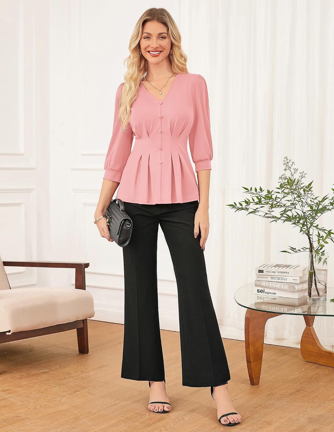 image:imageGRACE KARIN Women Business Casual Tops 2026 Summer Trendy Dressy Blouses 34 Sleeve Peplum Work Shirts V Neck Office OutfitLight Pink