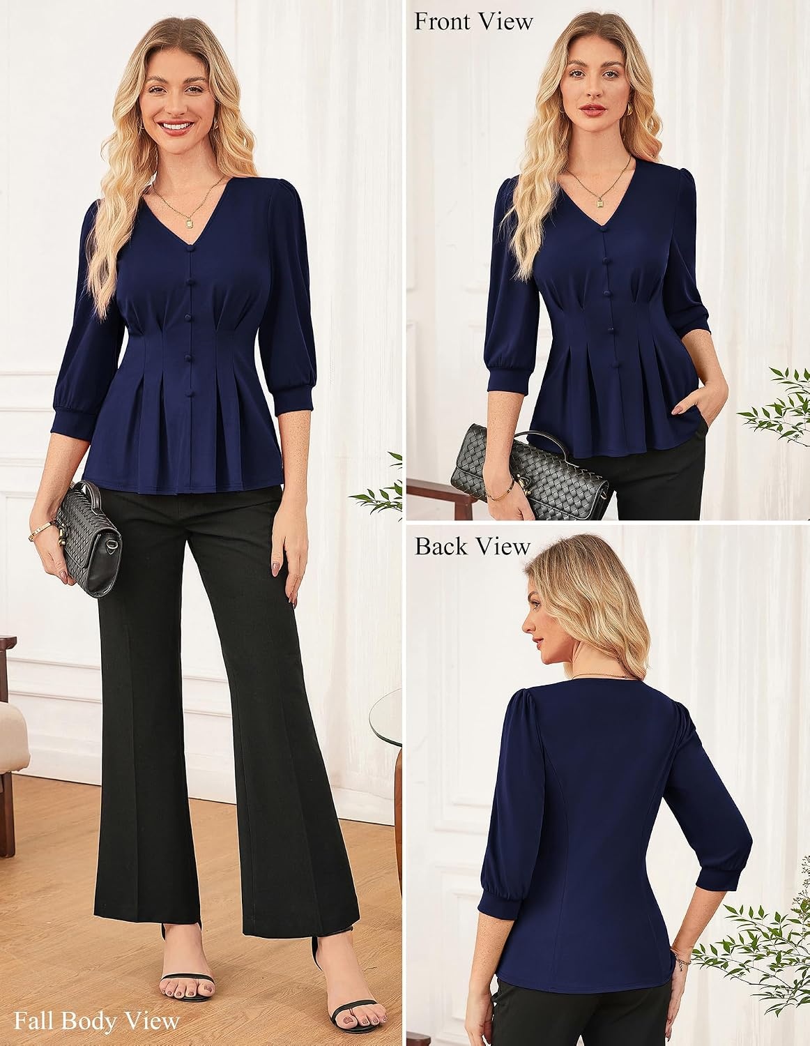 image:imageGRACE KARIN Women Business Casual Tops 2026 Summer Trendy Dressy Blouses 34 Sleeve Peplum Work Shirts V Neck Office OutfitNavy Blue