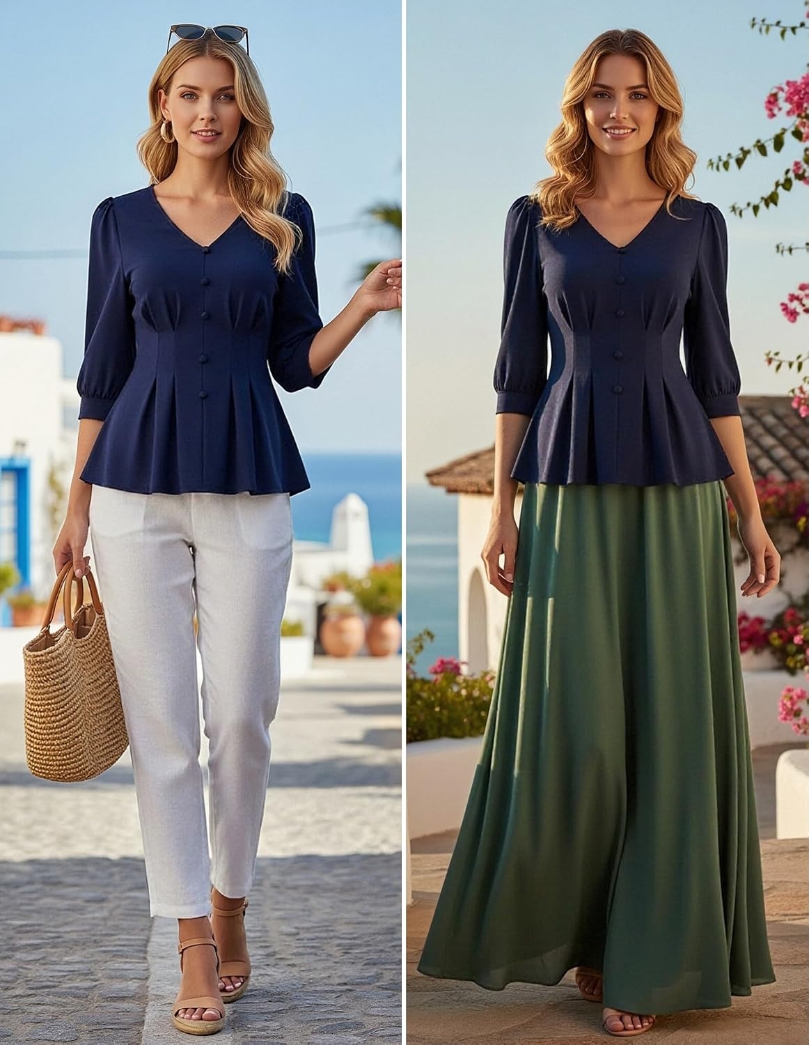 image:imageGRACE KARIN Women Business Casual Tops 2026 Summer Trendy Dressy Blouses 34 Sleeve Peplum Work Shirts V Neck Office OutfitNavy Blue