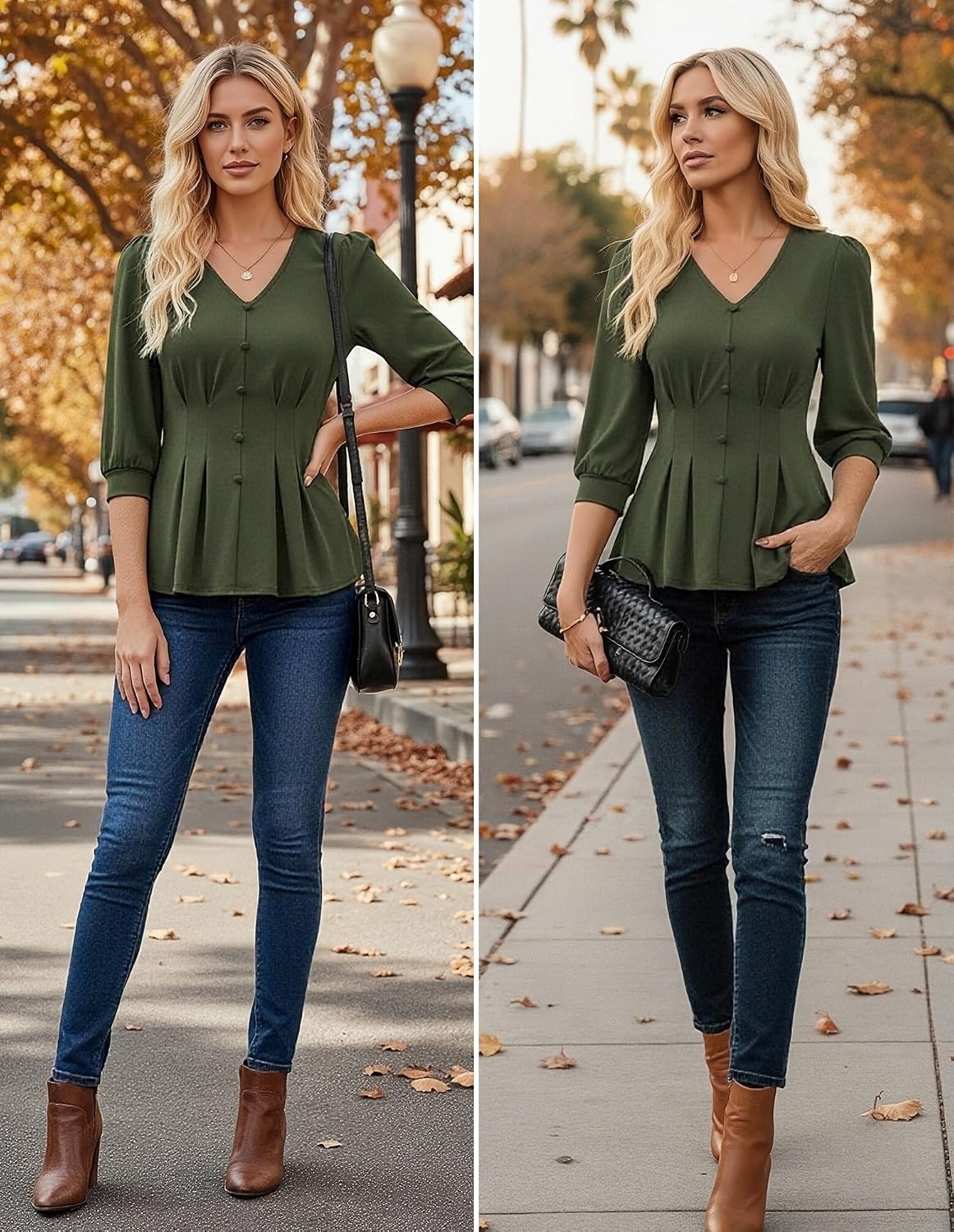 image:imageGRACE KARIN Women Business Casual Tops 2026 Summer Trendy Dressy Blouses 34 Sleeve Peplum Work Shirts V Neck Office OutfitOlive Green