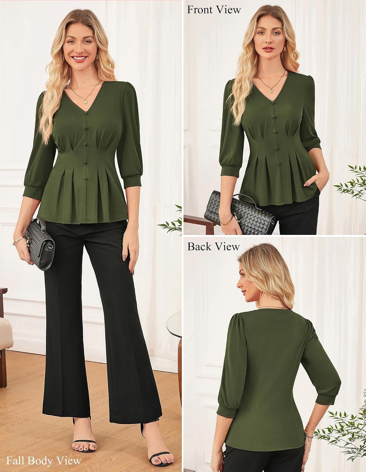 image:imageGRACE KARIN Women Business Casual Tops 2026 Summer Trendy Dressy Blouses 34 Sleeve Peplum Work Shirts V Neck Office OutfitOlive Green