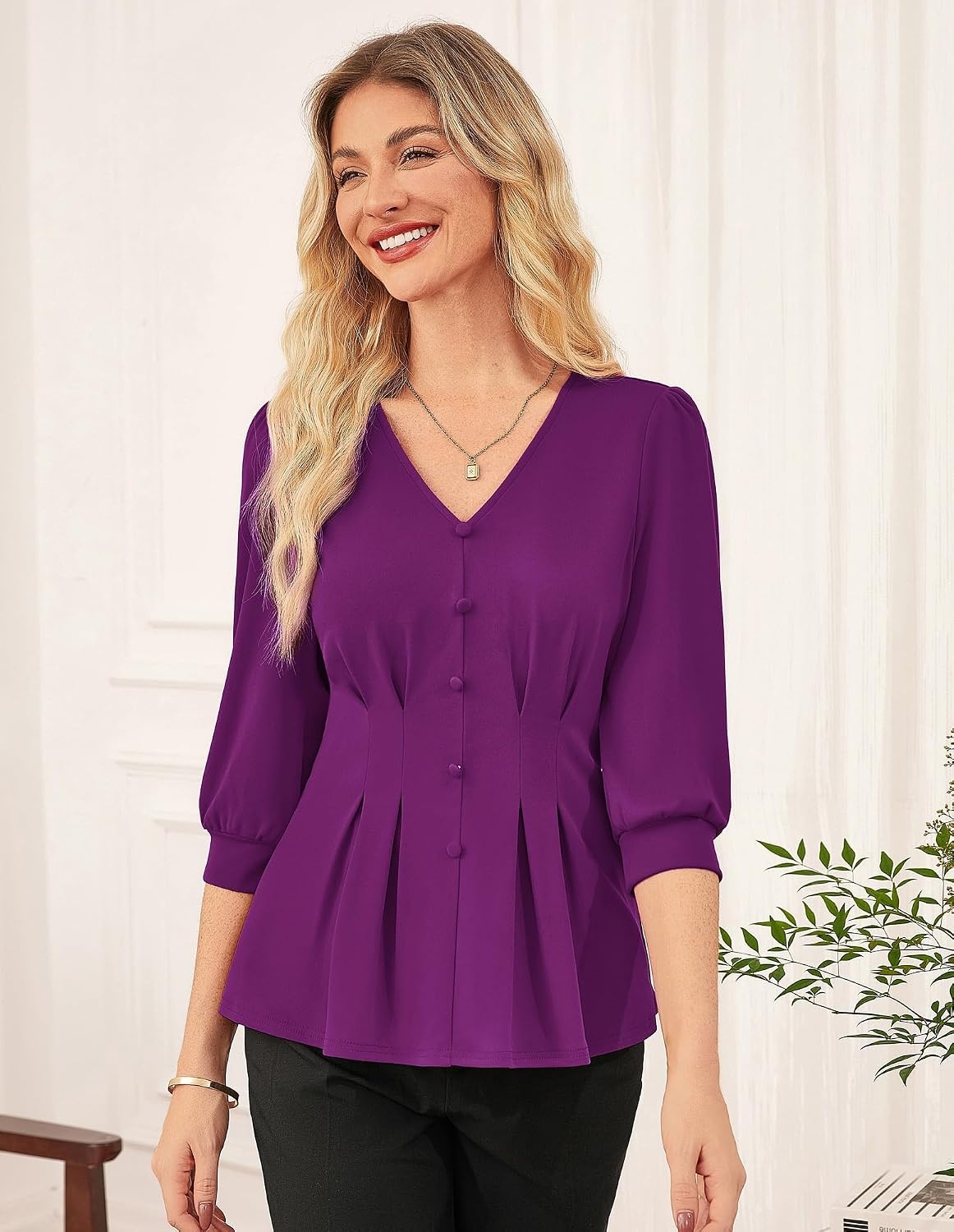 image:imageGRACE KARIN Women Business Casual Tops 2026 Summer Trendy Dressy Blouses 34 Sleeve Peplum Work Shirts V Neck Office OutfitPurple