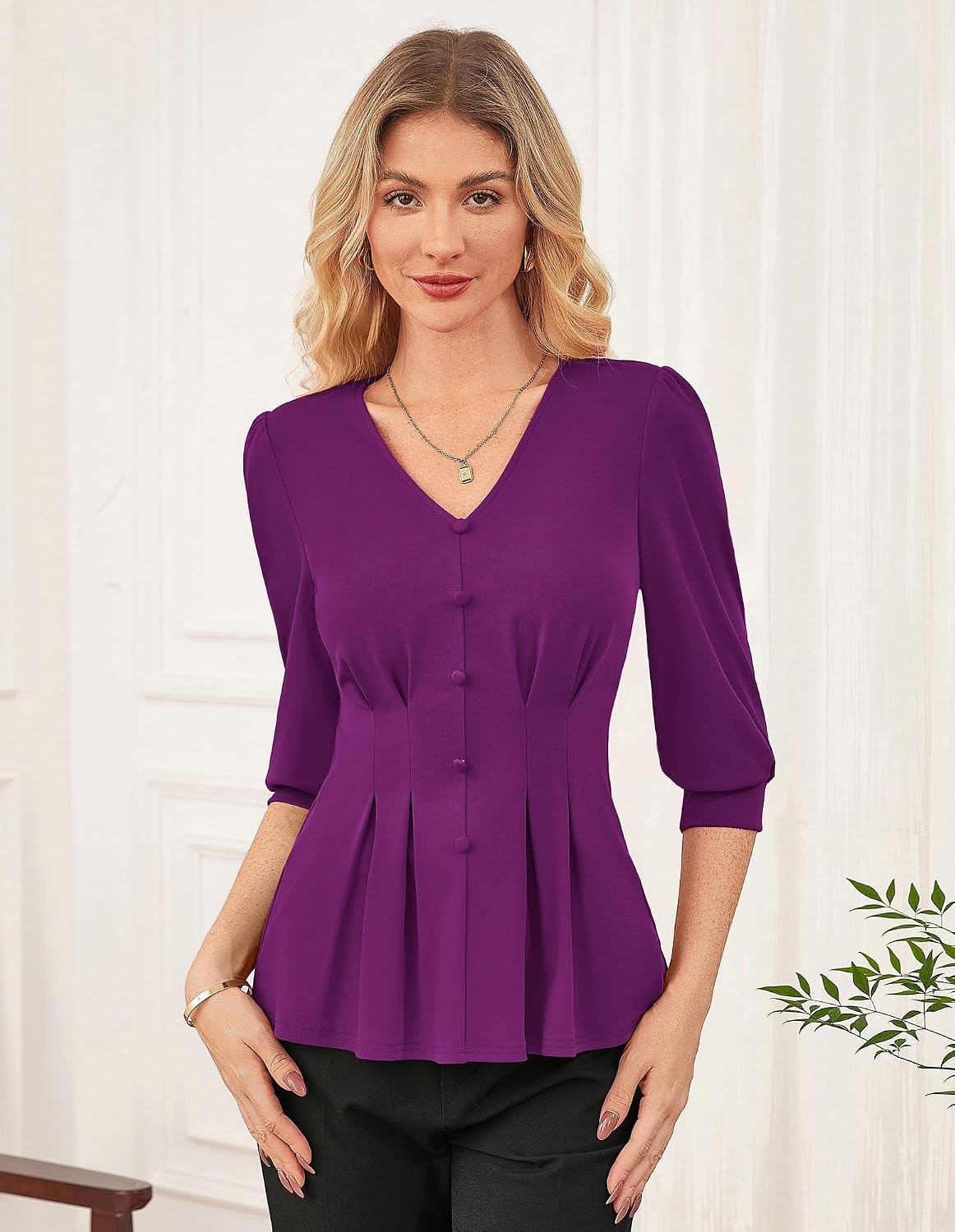 image:imageGRACE KARIN Women Business Casual Tops 2026 Summer Trendy Dressy Blouses 34 Sleeve Peplum Work Shirts V Neck Office OutfitPurple