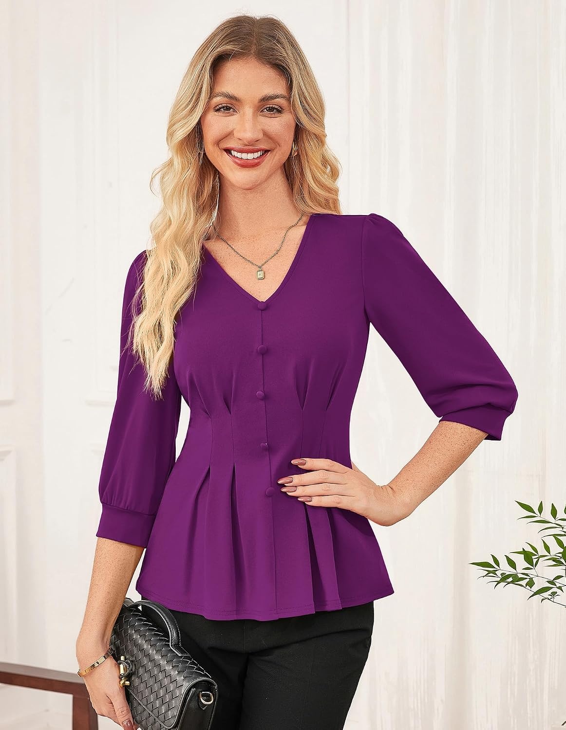 image:imageGRACE KARIN Women Business Casual Tops 2026 Summer Trendy Dressy Blouses 34 Sleeve Peplum Work Shirts V Neck Office OutfitPurple