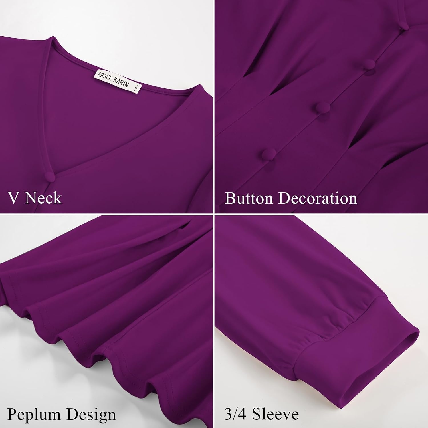 image:imageGRACE KARIN Women Business Casual Tops 2026 Summer Trendy Dressy Blouses 34 Sleeve Peplum Work Shirts V Neck Office OutfitPurple