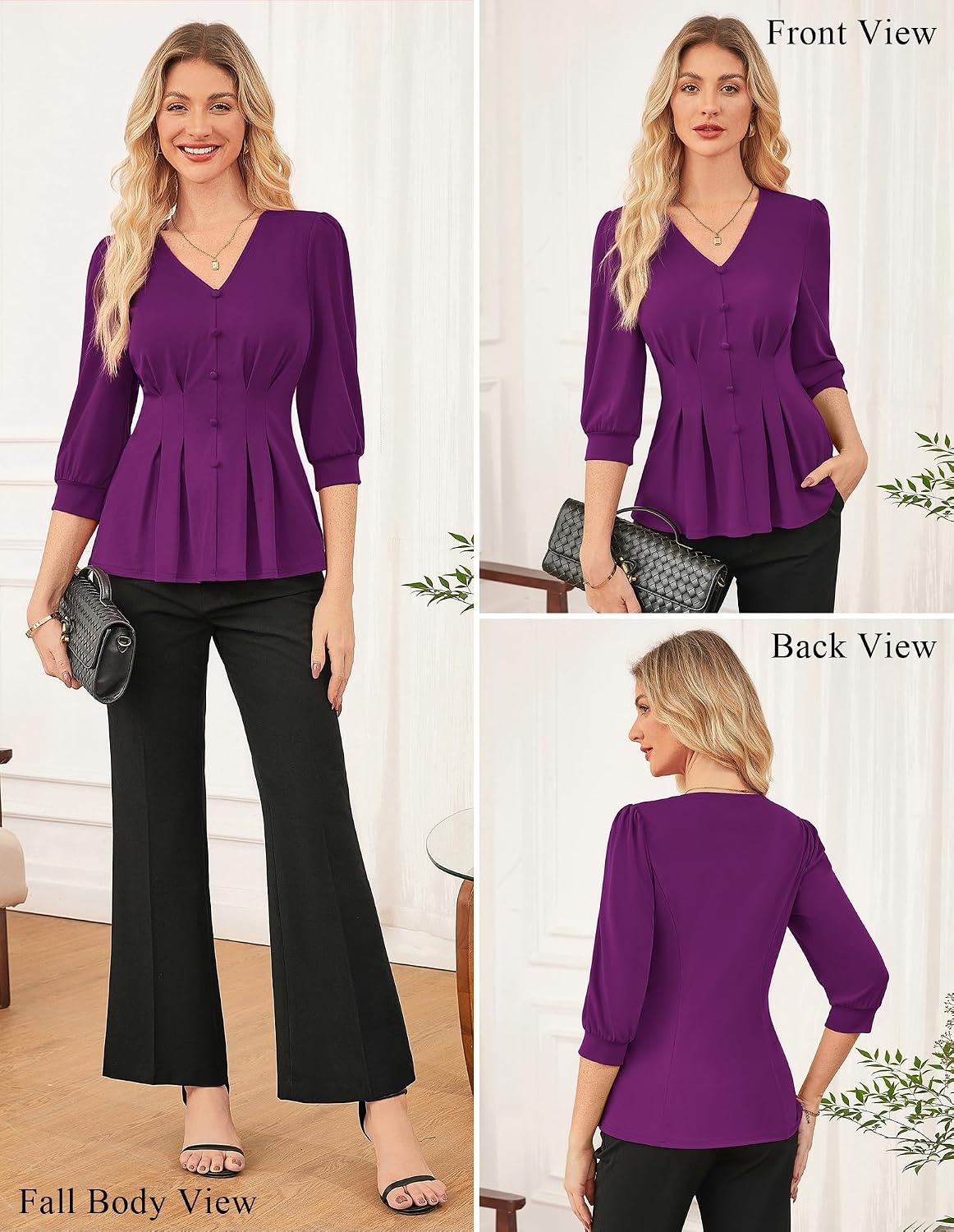image:imageGRACE KARIN Women Business Casual Tops 2026 Summer Trendy Dressy Blouses 34 Sleeve Peplum Work Shirts V Neck Office OutfitPurple