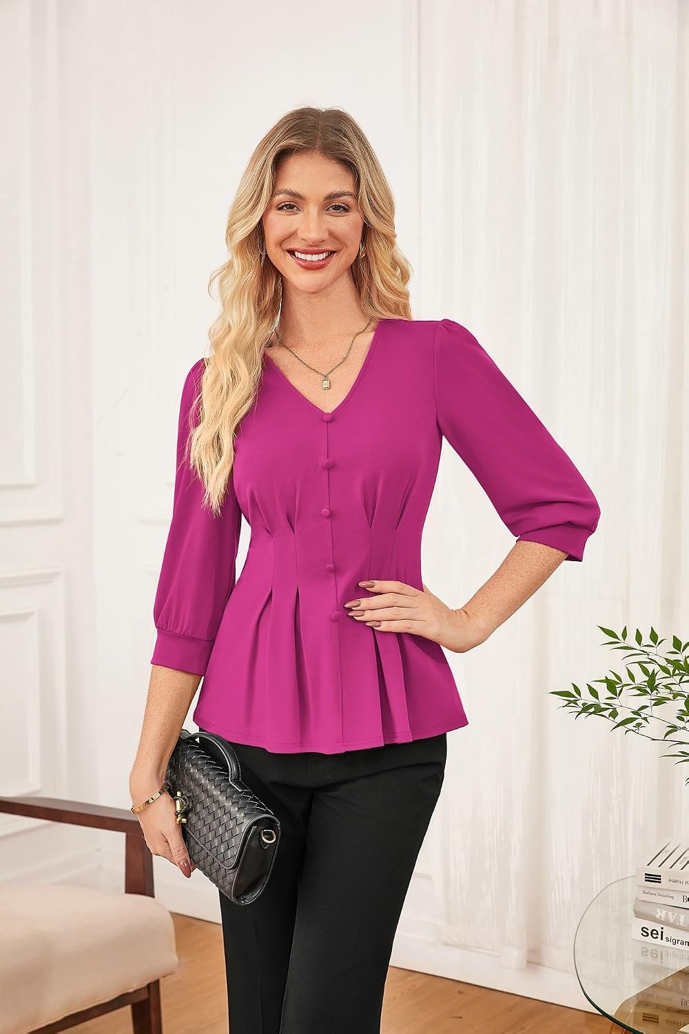 image:imageGRACE KARIN Women Business Casual Tops 2026 Summer Trendy Dressy Blouses 34 Sleeve Peplum Work Shirts V Neck Office OutfitPurple Red
