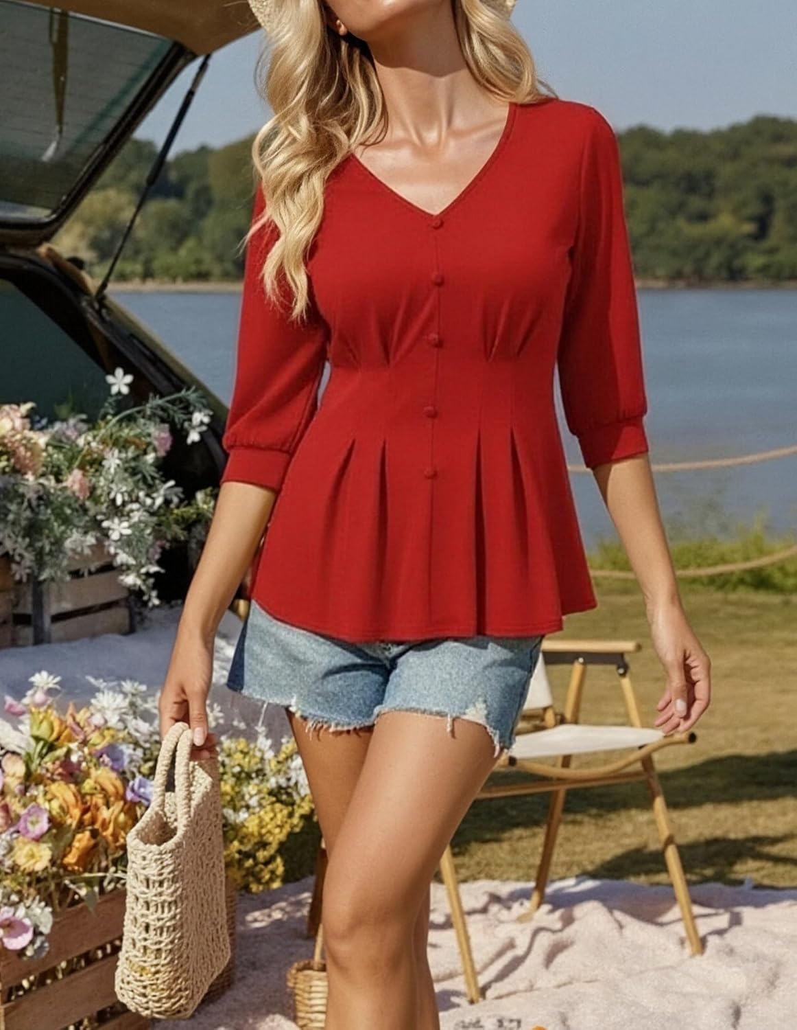 image:imageGRACE KARIN Women Business Casual Tops 2026 Summer Trendy Dressy Blouses 34 Sleeve Peplum Work Shirts V Neck Office OutfitRed