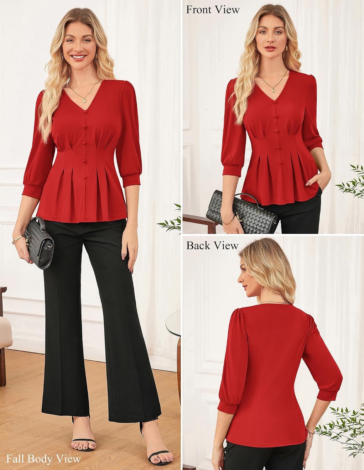 image:imageGRACE KARIN Women Business Casual Tops 2026 Summer Trendy Dressy Blouses 34 Sleeve Peplum Work Shirts V Neck Office OutfitRed