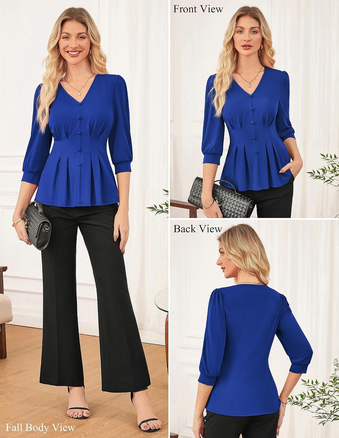image:imageGRACE KARIN Women Business Casual Tops 2026 Summer Trendy Dressy Blouses 34 Sleeve Peplum Work Shirts V Neck Office OutfitRoyal Blue