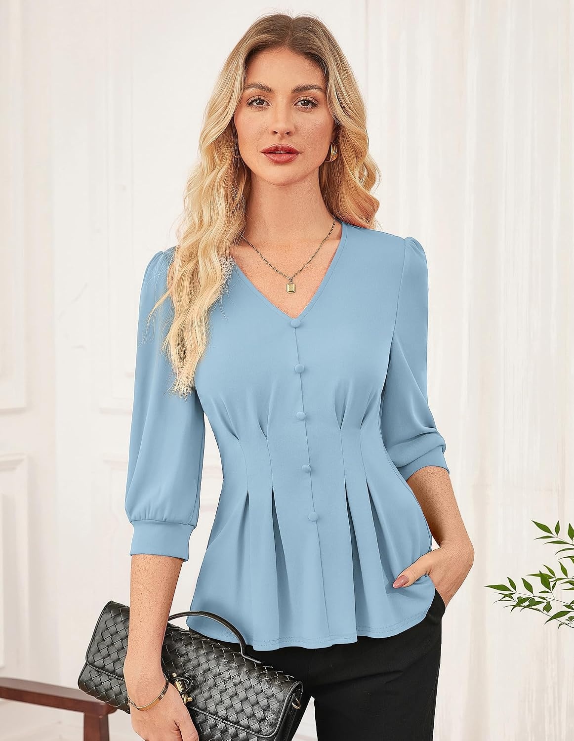 image:imageGRACE KARIN Women Business Casual Tops 2026 Summer Trendy Dressy Blouses 34 Sleeve Peplum Work Shirts V Neck Office OutfitSky Blue