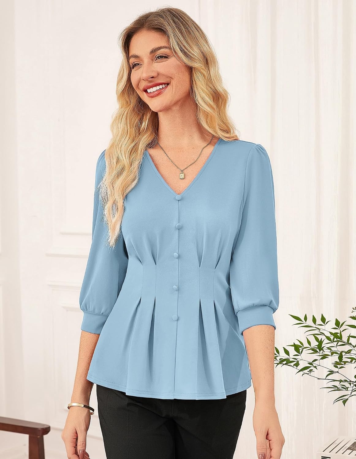 image:imageGRACE KARIN Women Business Casual Tops 2026 Summer Trendy Dressy Blouses 34 Sleeve Peplum Work Shirts V Neck Office OutfitSky Blue