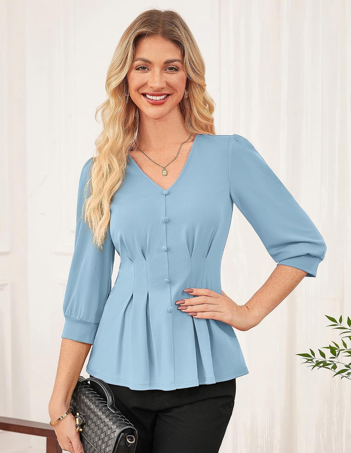 image:imageGRACE KARIN Women Business Casual Tops 2026 Summer Trendy Dressy Blouses 34 Sleeve Peplum Work Shirts V Neck Office OutfitSky Blue