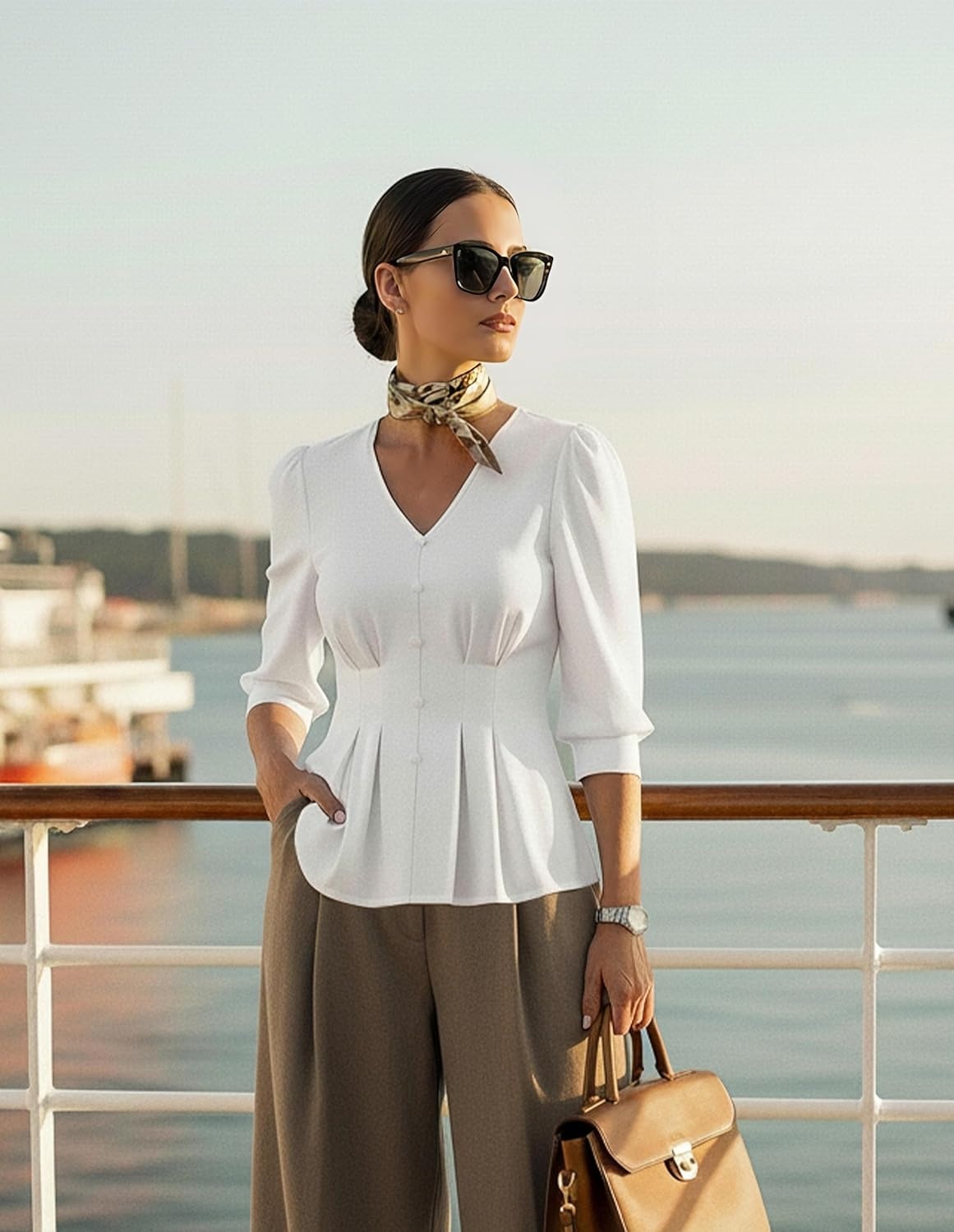 image:imageGRACE KARIN Women Business Casual Tops 2026 Summer Trendy Dressy Blouses 34 Sleeve Peplum Work Shirts V Neck Office OutfitWhite