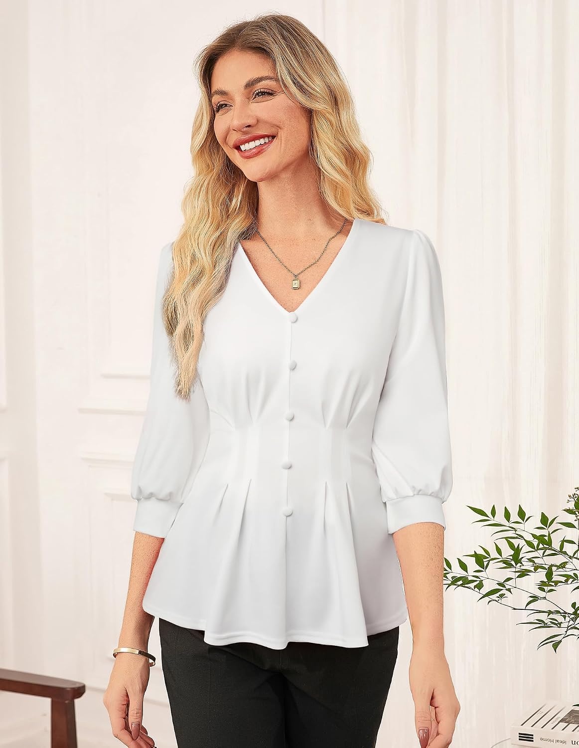 image:imageGRACE KARIN Women Business Casual Tops 2026 Summer Trendy Dressy Blouses 34 Sleeve Peplum Work Shirts V Neck Office OutfitWhite