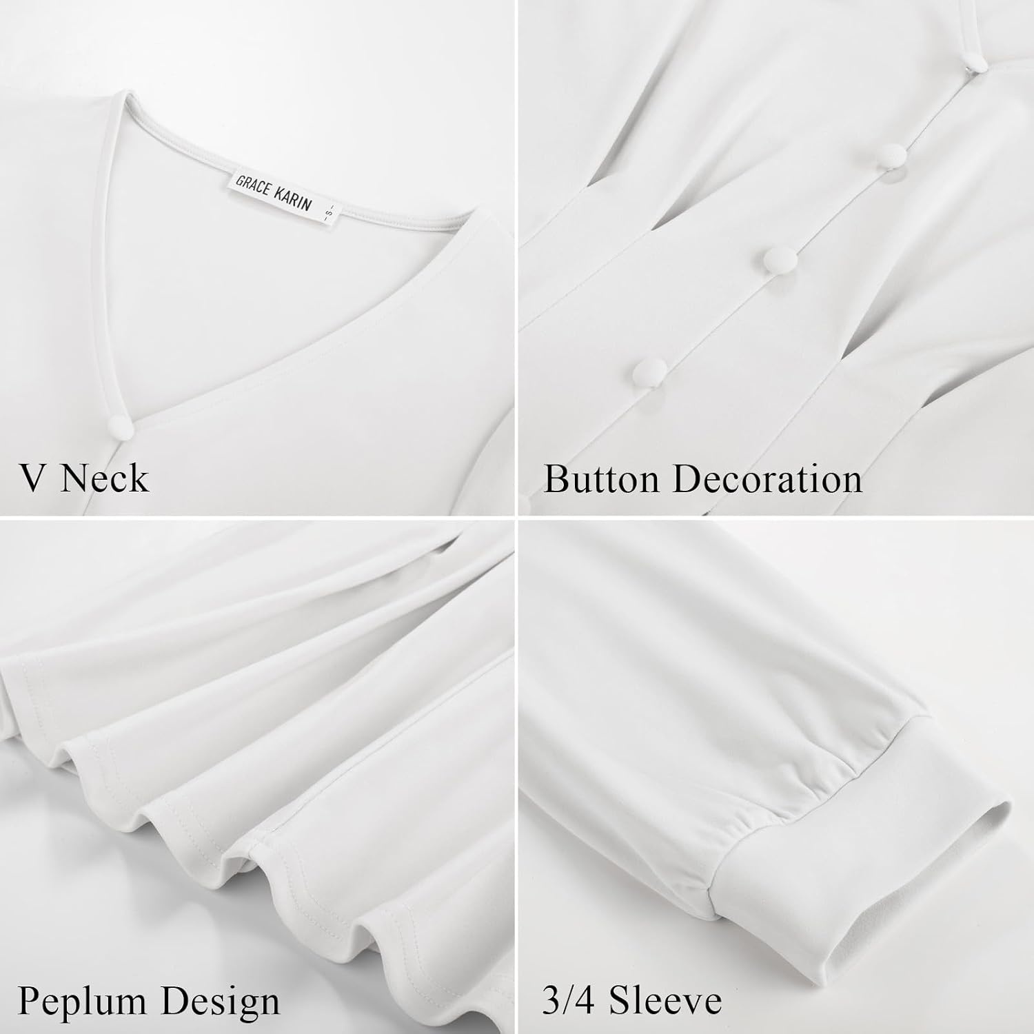 image:imageGRACE KARIN Women Business Casual Tops 2026 Summer Trendy Dressy Blouses 34 Sleeve Peplum Work Shirts V Neck Office OutfitWhite
