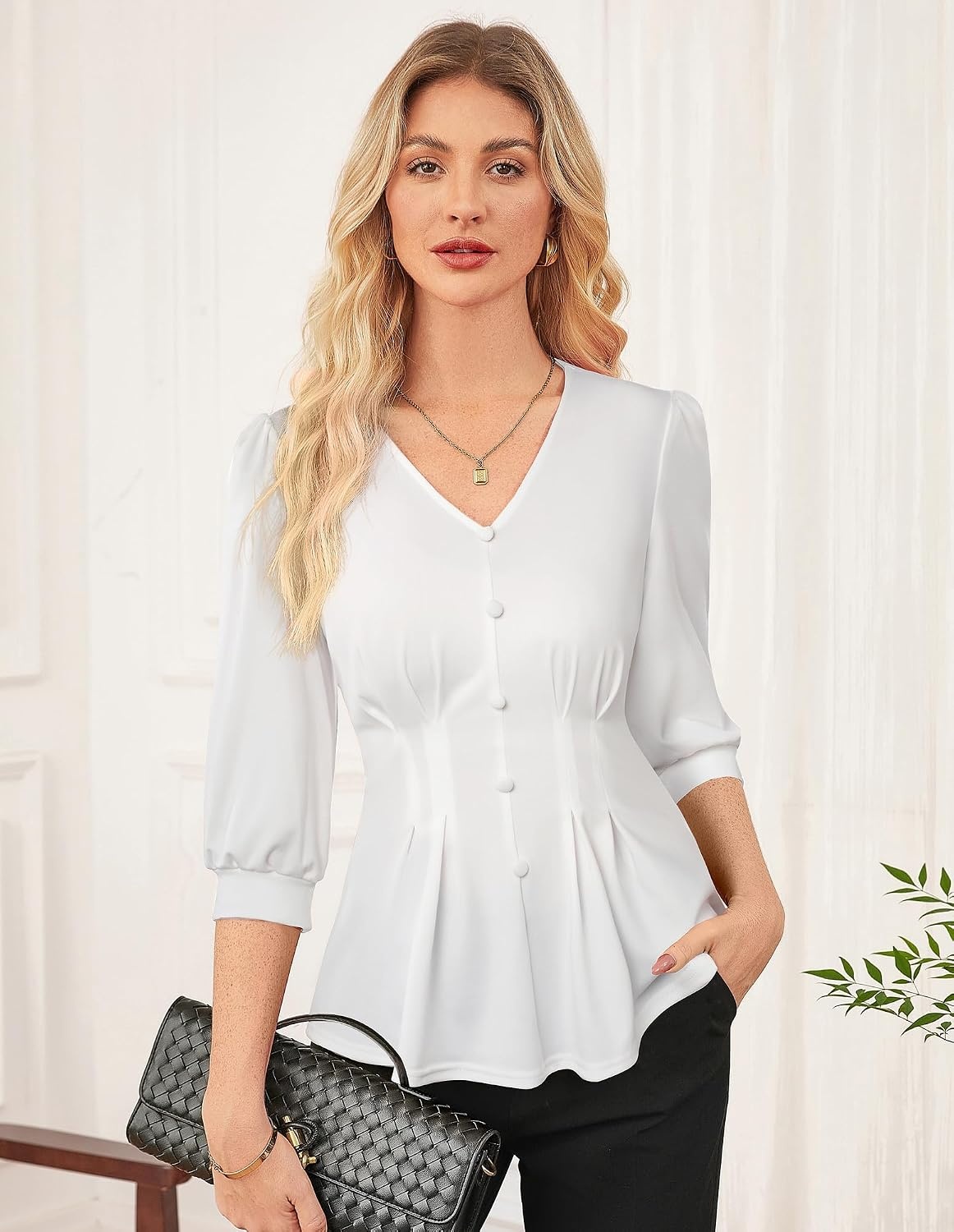 image:imageGRACE KARIN Women Business Casual Tops 2026 Summer Trendy Dressy Blouses 34 Sleeve Peplum Work Shirts V Neck Office OutfitWhite