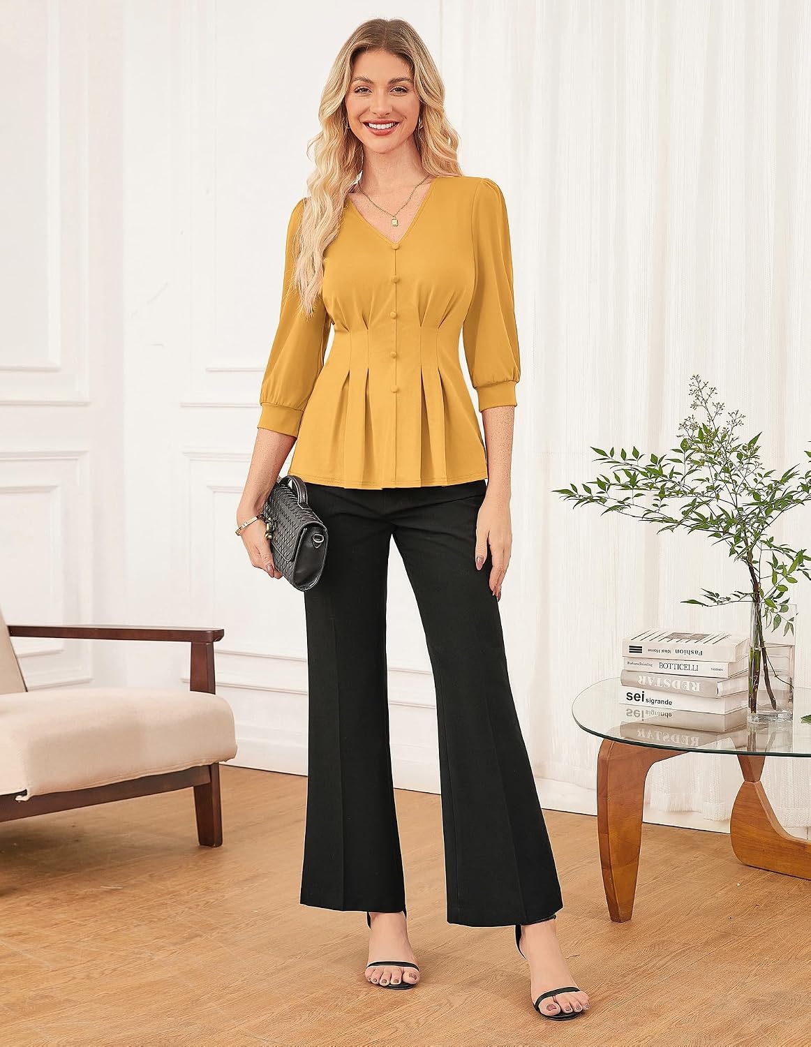 image:imageGRACE KARIN Women Business Casual Tops 2026 Summer Trendy Dressy Blouses 34 Sleeve Peplum Work Shirts V Neck Office OutfitYellow