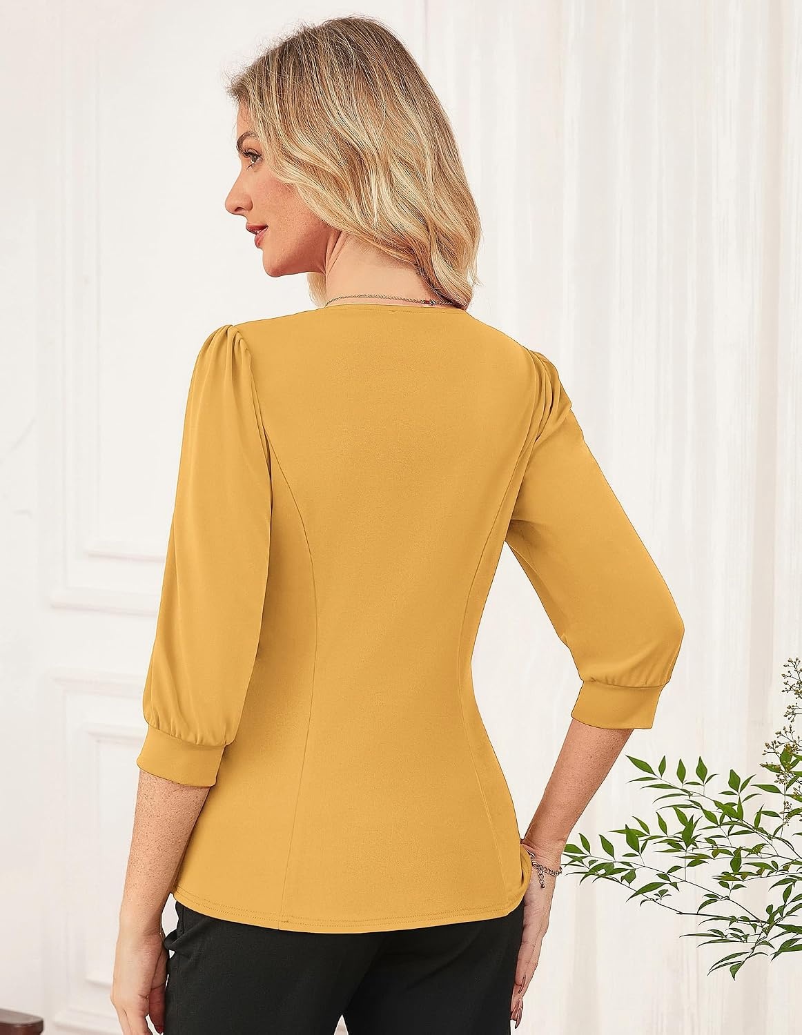 image:imageGRACE KARIN Women Business Casual Tops 2026 Summer Trendy Dressy Blouses 34 Sleeve Peplum Work Shirts V Neck Office OutfitYellow