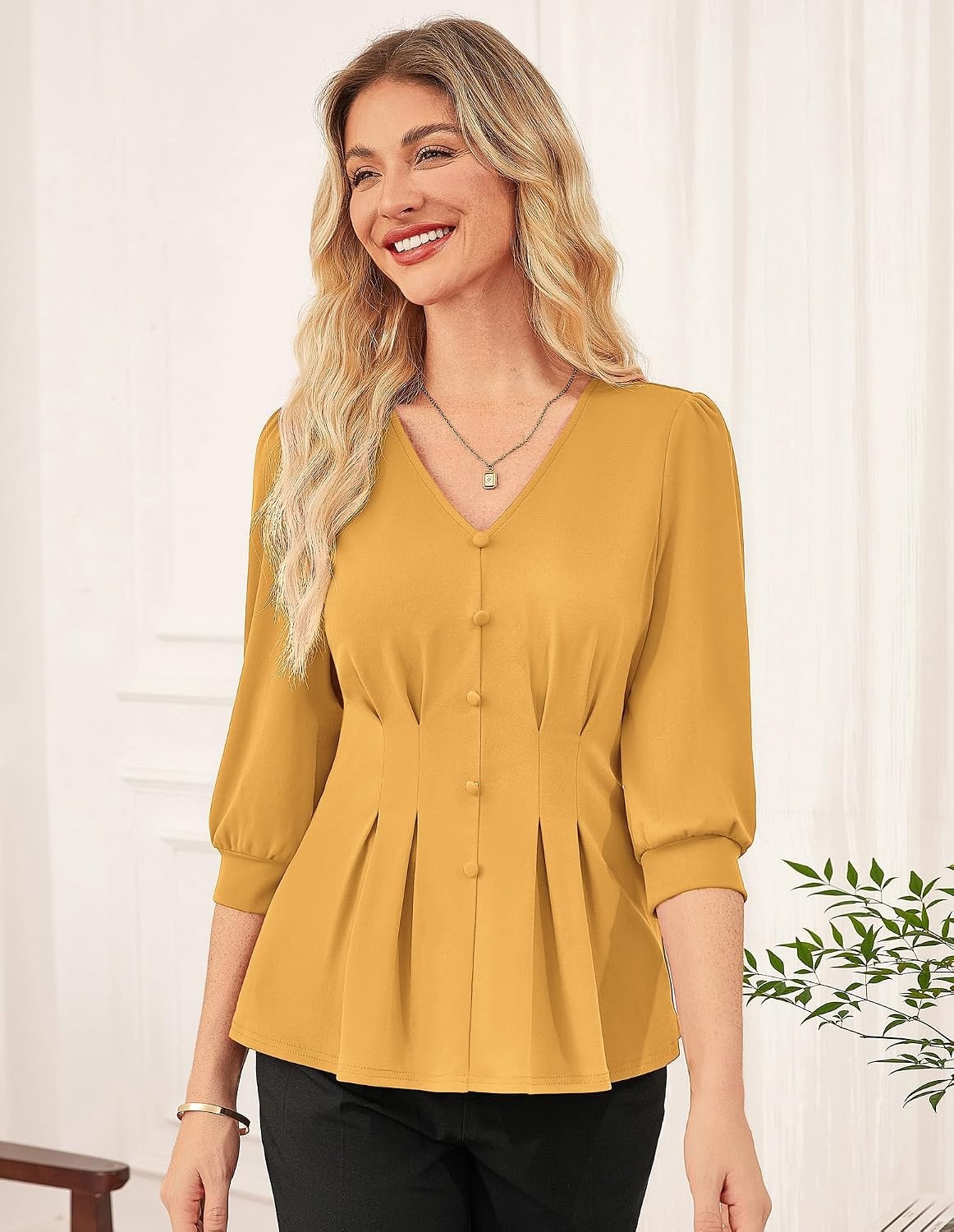 image:imageGRACE KARIN Women Business Casual Tops 2026 Summer Trendy Dressy Blouses 34 Sleeve Peplum Work Shirts V Neck Office OutfitYellow