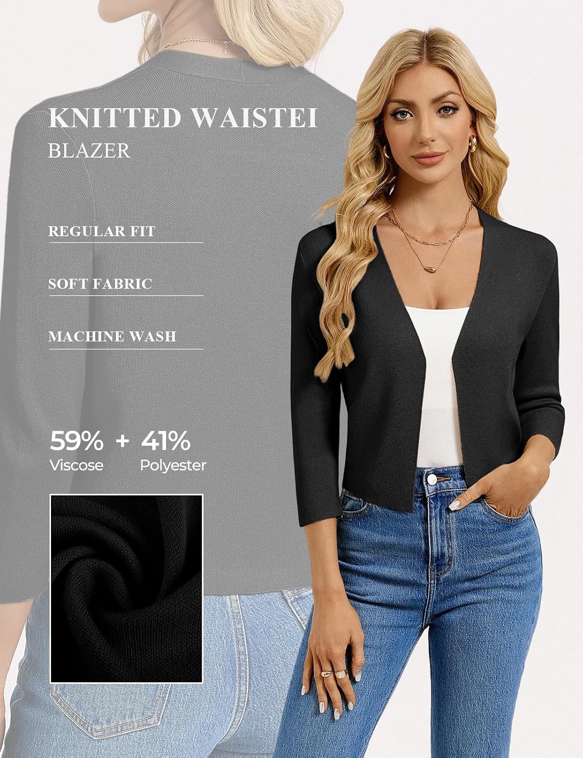 image:imageGRACE KARIN Womens 34 Sleeve Cropped Cardigan Sweater Lightweight Open Front Dressy Causal Shrug Summer OutfitsBlack
