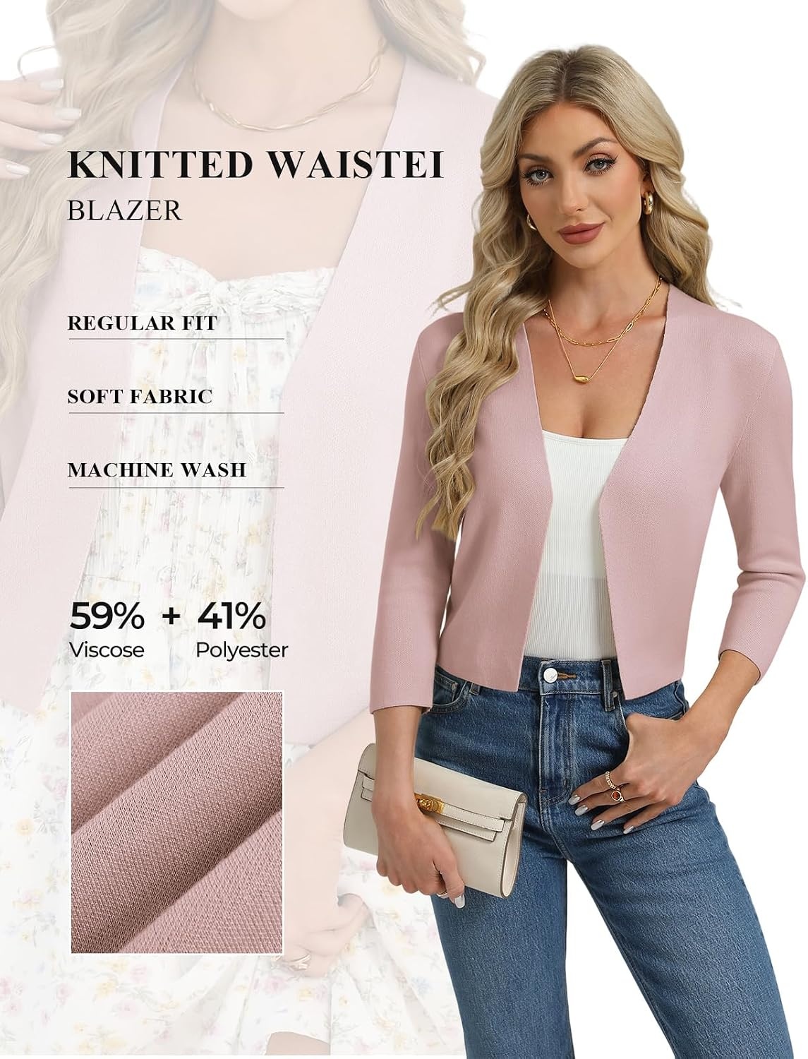 image:imageGRACE KARIN Womens 34 Sleeve Cropped Cardigan Sweater Lightweight Open Front Dressy Causal Shrug Summer OutfitsDusty Pink