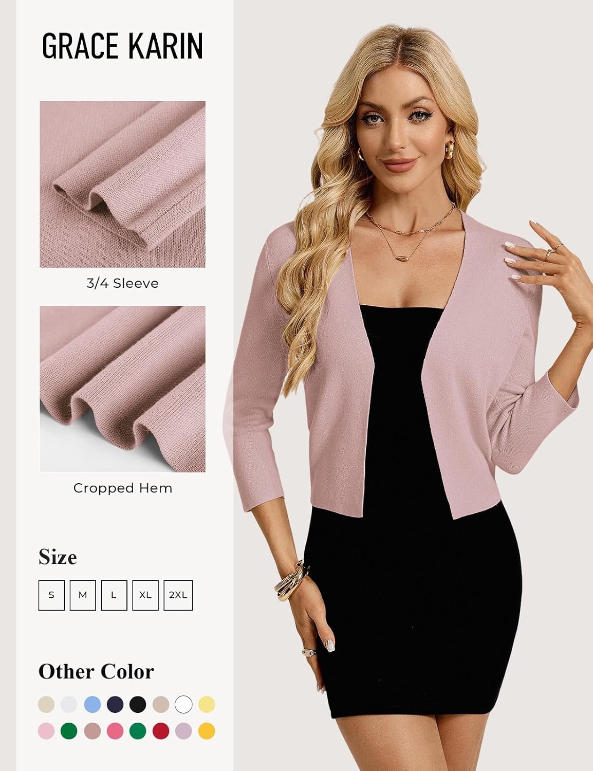 image:imageGRACE KARIN Womens 34 Sleeve Cropped Cardigan Sweater Lightweight Open Front Dressy Causal Shrug Summer OutfitsDusty Pink