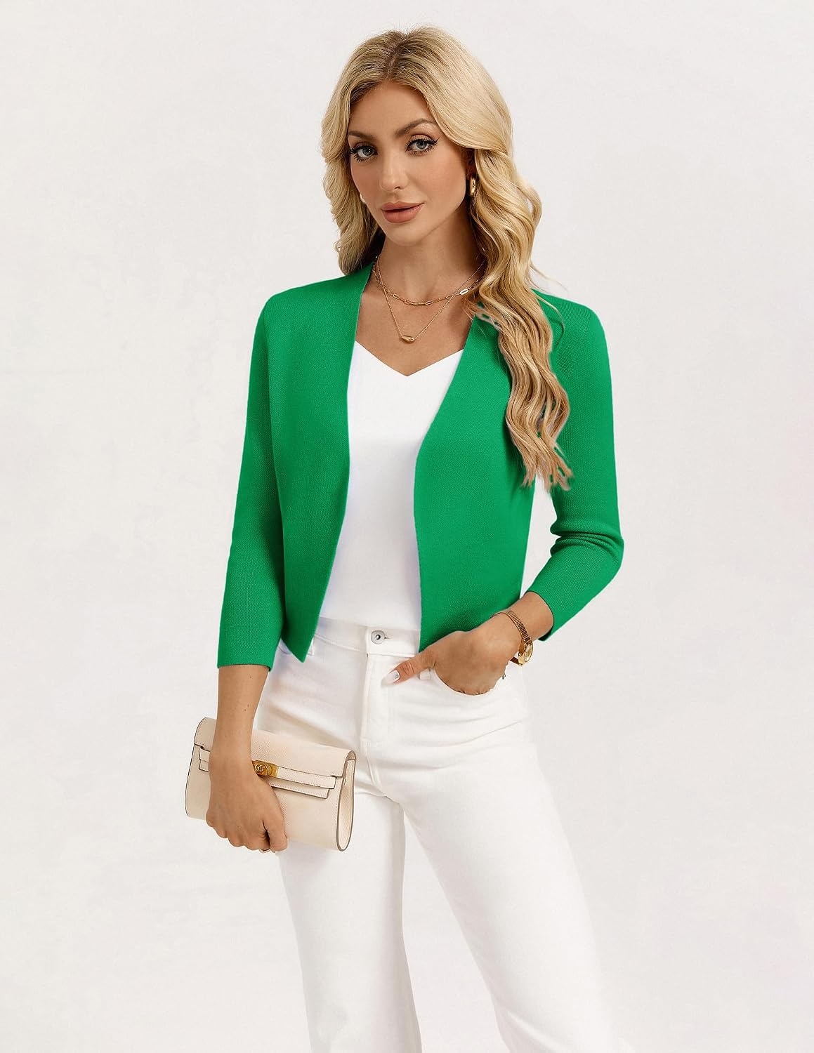 image:imageGRACE KARIN Womens 34 Sleeve Cropped Cardigan Sweater Lightweight Open Front Dressy Causal Shrug Summer OutfitsGreen
