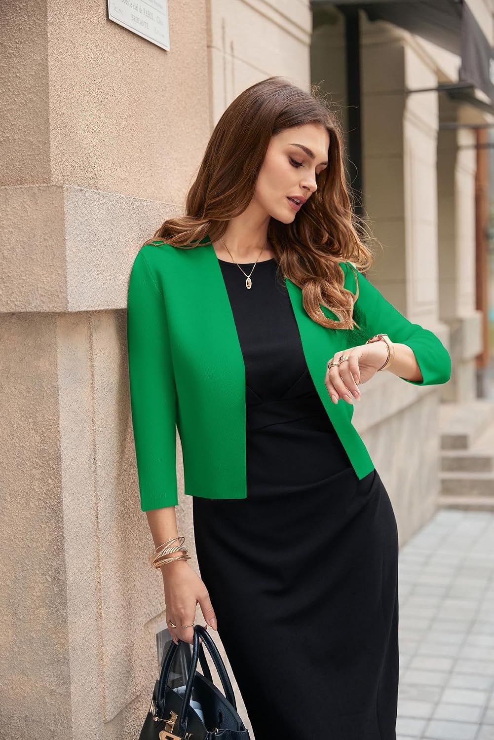 image:imageGRACE KARIN Womens 34 Sleeve Cropped Cardigan Sweater Lightweight Open Front Dressy Causal Shrug Summer OutfitsGreen