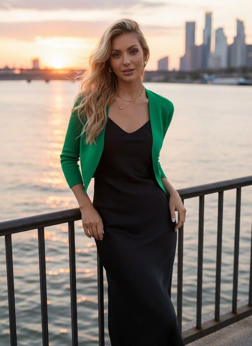 image:imageGRACE KARIN Womens 34 Sleeve Cropped Cardigan Sweater Lightweight Open Front Dressy Causal Shrug Summer OutfitsGreen