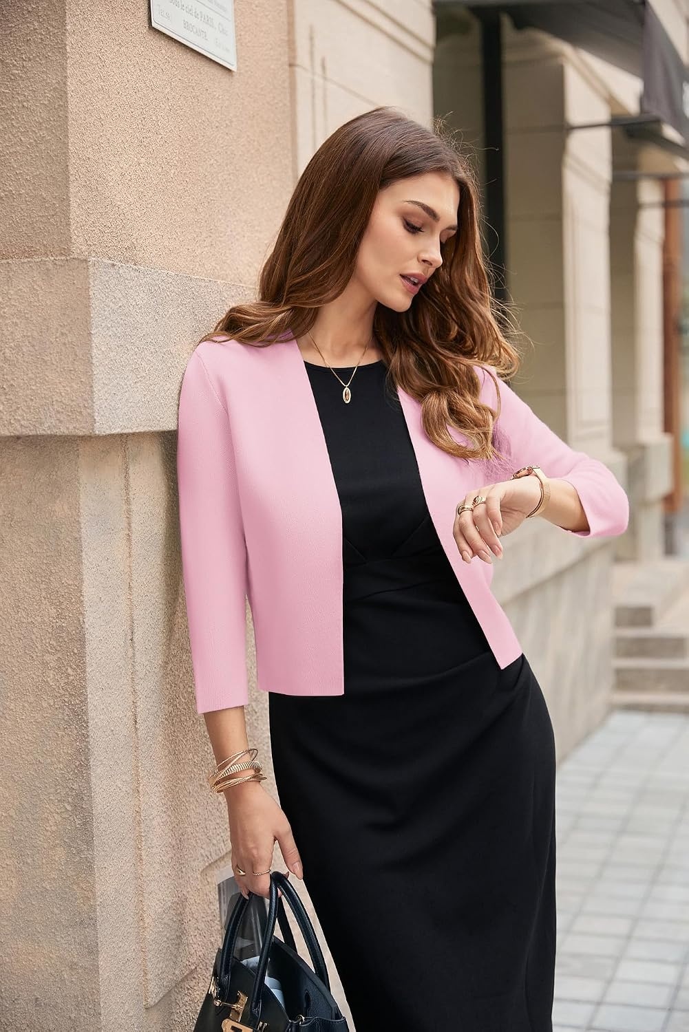image:imageGRACE KARIN Womens 34 Sleeve Cropped Cardigan Sweater Lightweight Open Front Dressy Causal Shrug Summer OutfitsLight Pink