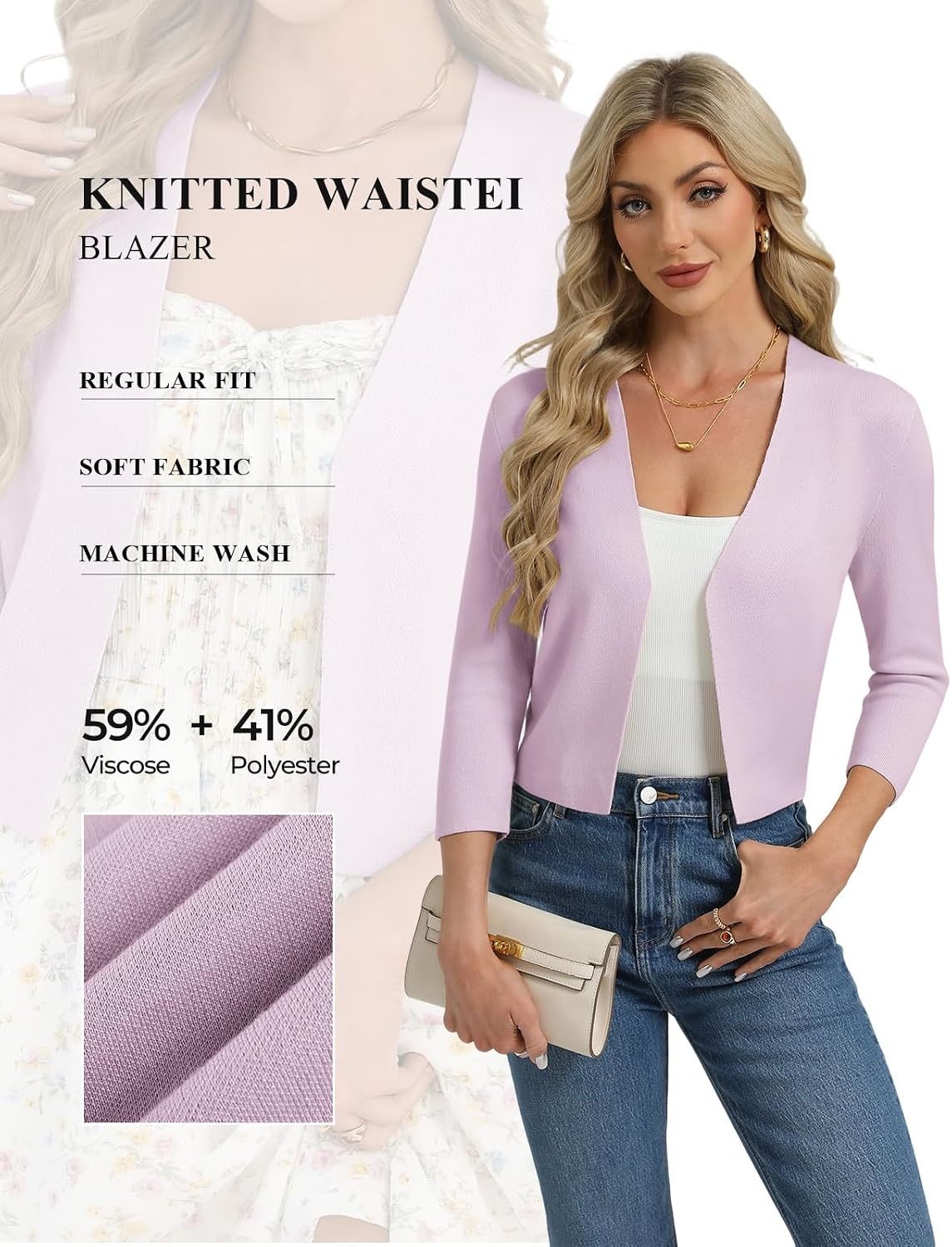 image:imageGRACE KARIN Womens 34 Sleeve Cropped Cardigan Sweater Lightweight Open Front Dressy Causal Shrug Summer OutfitsLight Purple